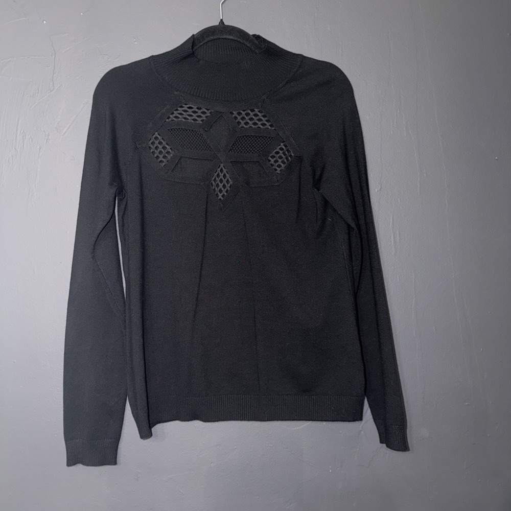 Cyrus Black Sweater Top Lace Long Sleeves Size S Women Fishnet Cutout Edgy - Picture 1 of 6